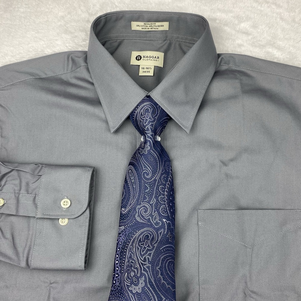 Haggar Dress Shirt w/Tie Mens 16.5-34/35 Gray Easy Care Regular Fit NWT!